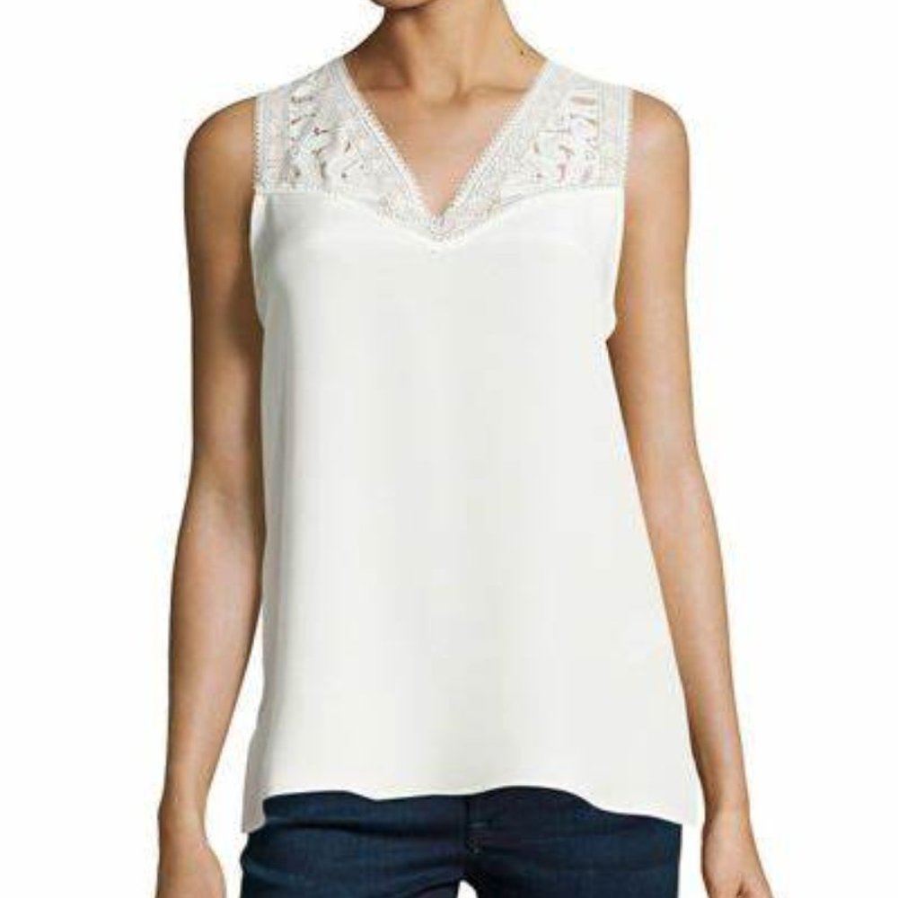Kobi Halperin Kelsey Sleeveless Lace-Yoke Silk Blouse Ivory Lg